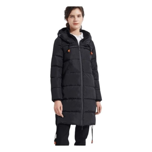 Orolay Long Thickened Hooded Down Puffer Jacket Black Orange Coat Long Sleeve M - Picture 1 of 11